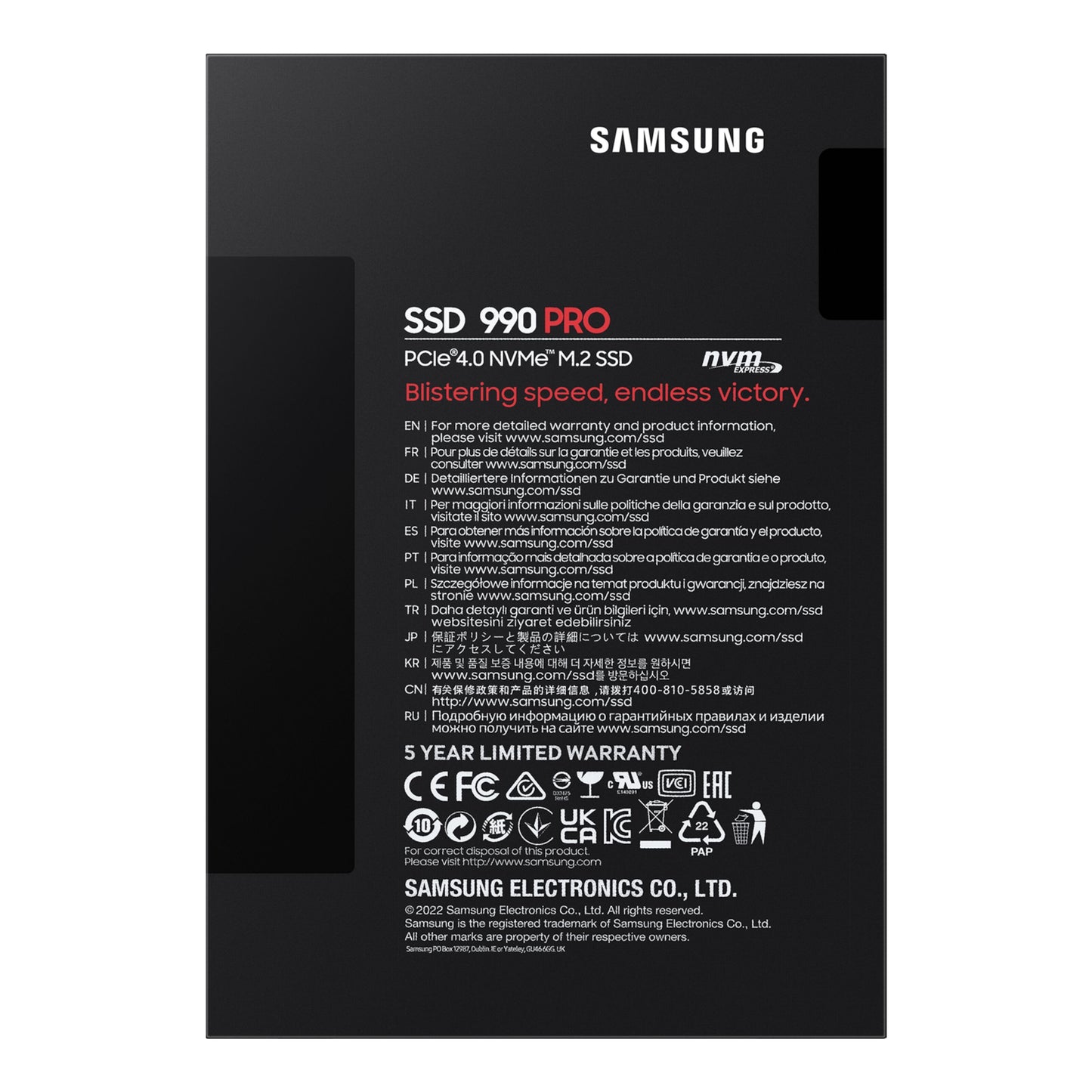 Samsung 990 PRO PCIe 4.0 NVMe M.2 SSD 2 TB sort, synlig modeltekst og kapacitet på etiketten.