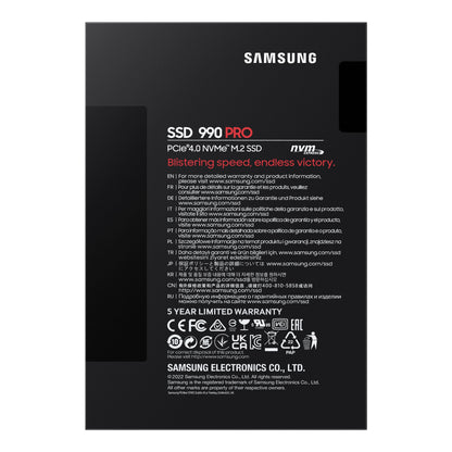 Samsung 990 PRO PCIe 4.0 NVMe M.2 SSD 2 TB sort, synlig modeltekst og kapacitet på etiketten.