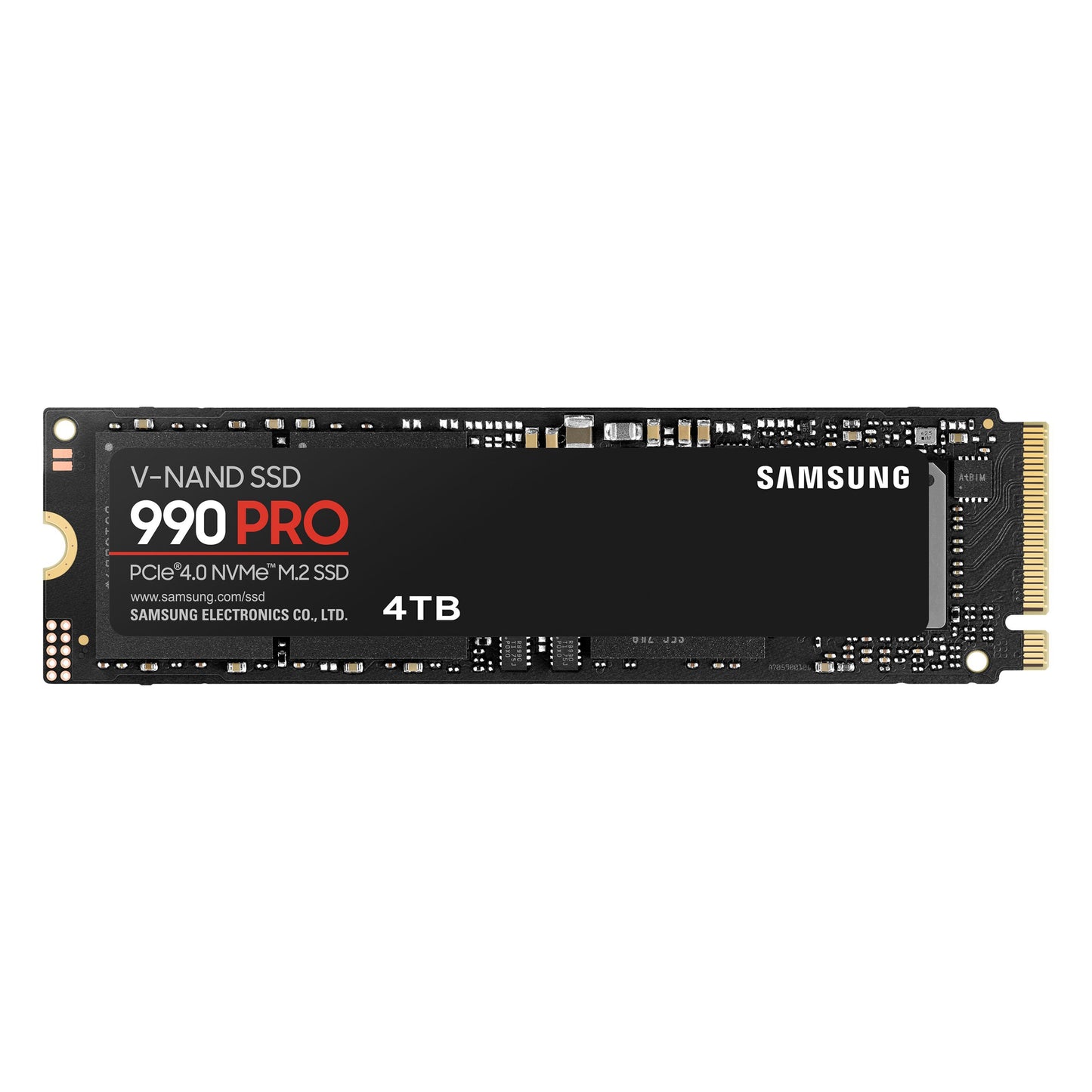Samsung 990 PRO PCIe 4.0 NVMe M.2 SSD 4TB, sort med guldstik og tydelig produktmarkering på forsiden.