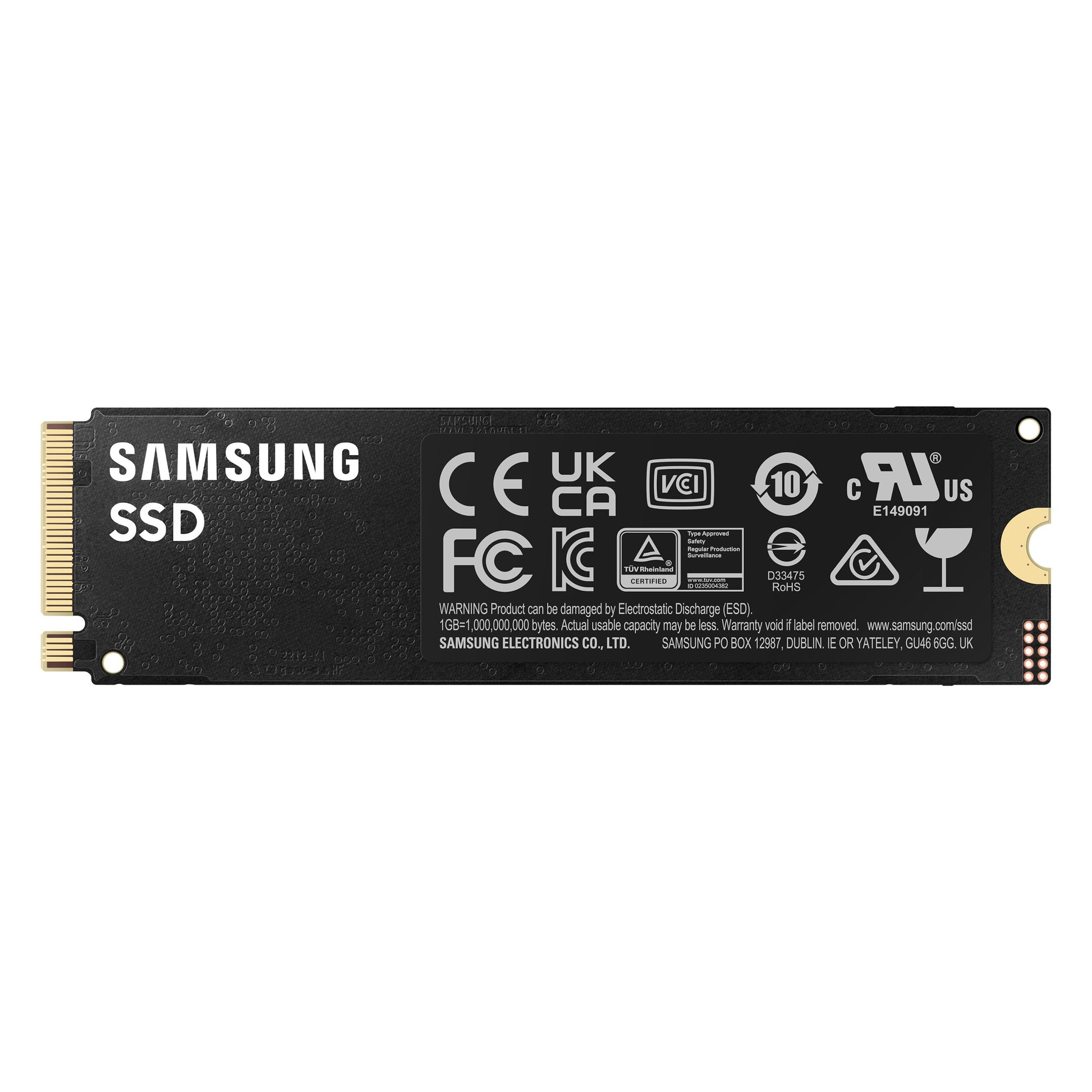 Samsung 990 PRO PCIe 4.0 NVMe M.2 SSD 4TB sort med printet label, certifikationslogoer og guldstik til venstre.