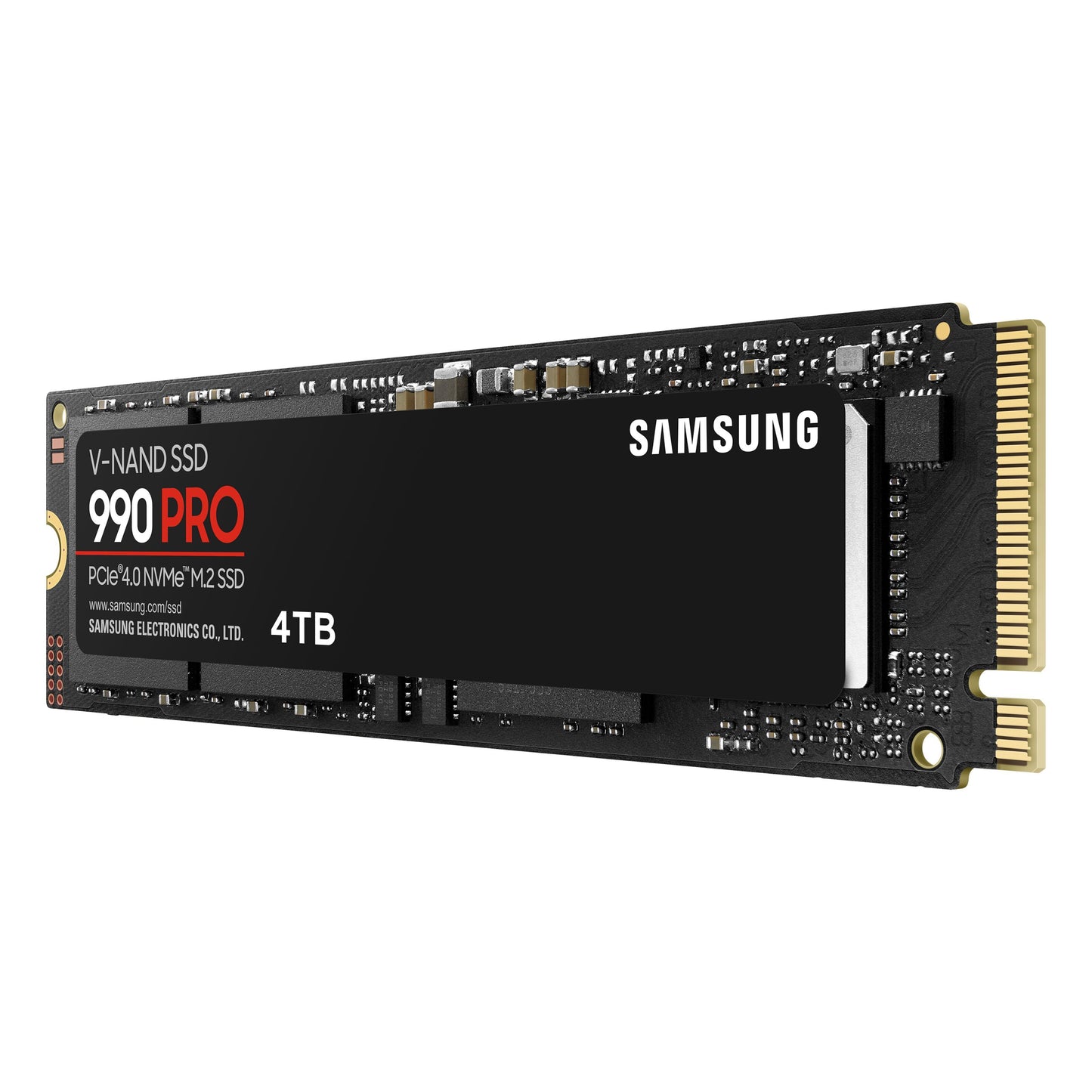 Samsung 990 PRO PCIe 4.0 NVMe M.2 SSD 4TB sort/guld print, synligt stik og label, set fra vinkel.