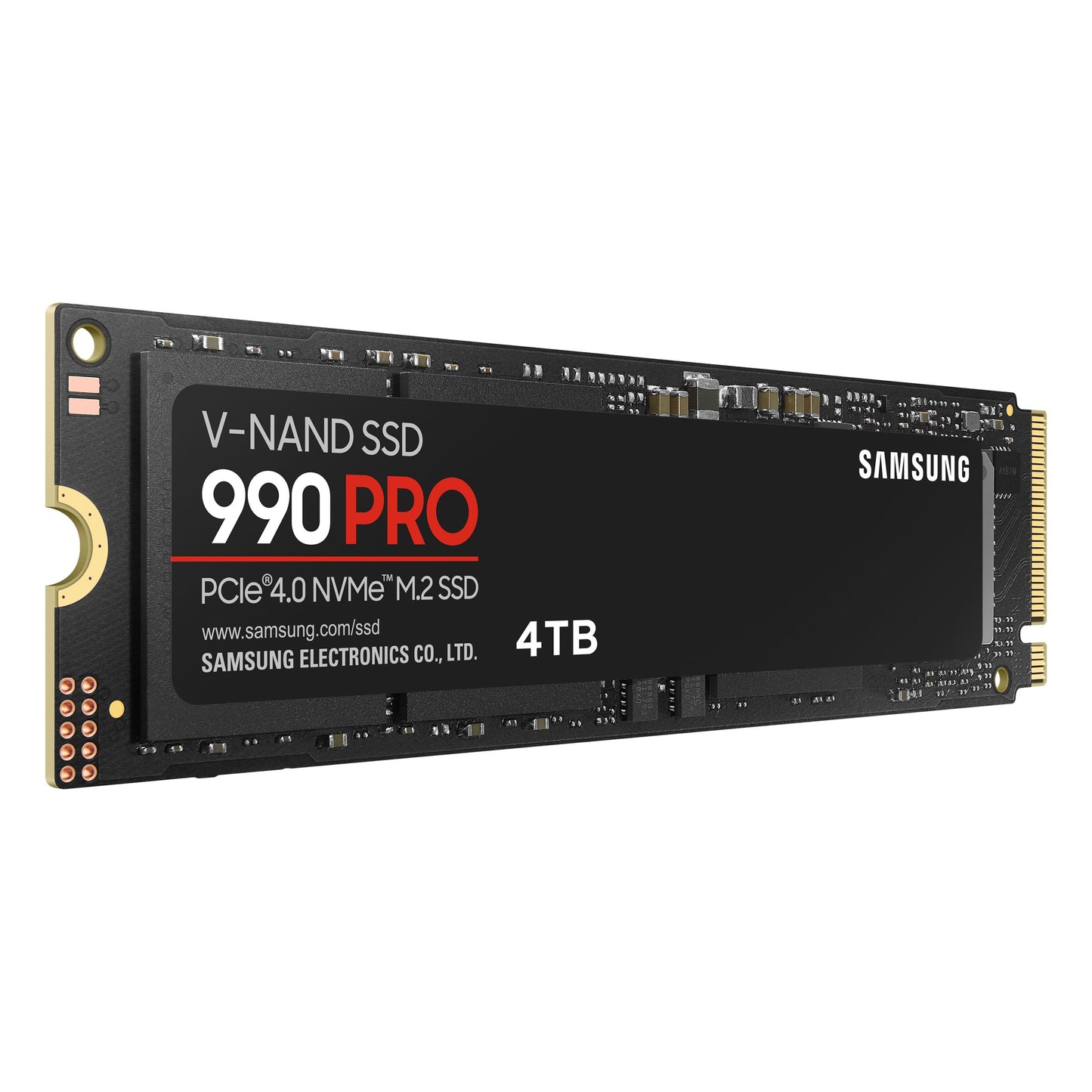 Samsung 990 PRO PCIe 4.0 NVMe M.2 SSD 4TB sort printplade og label vises fra vinkel.