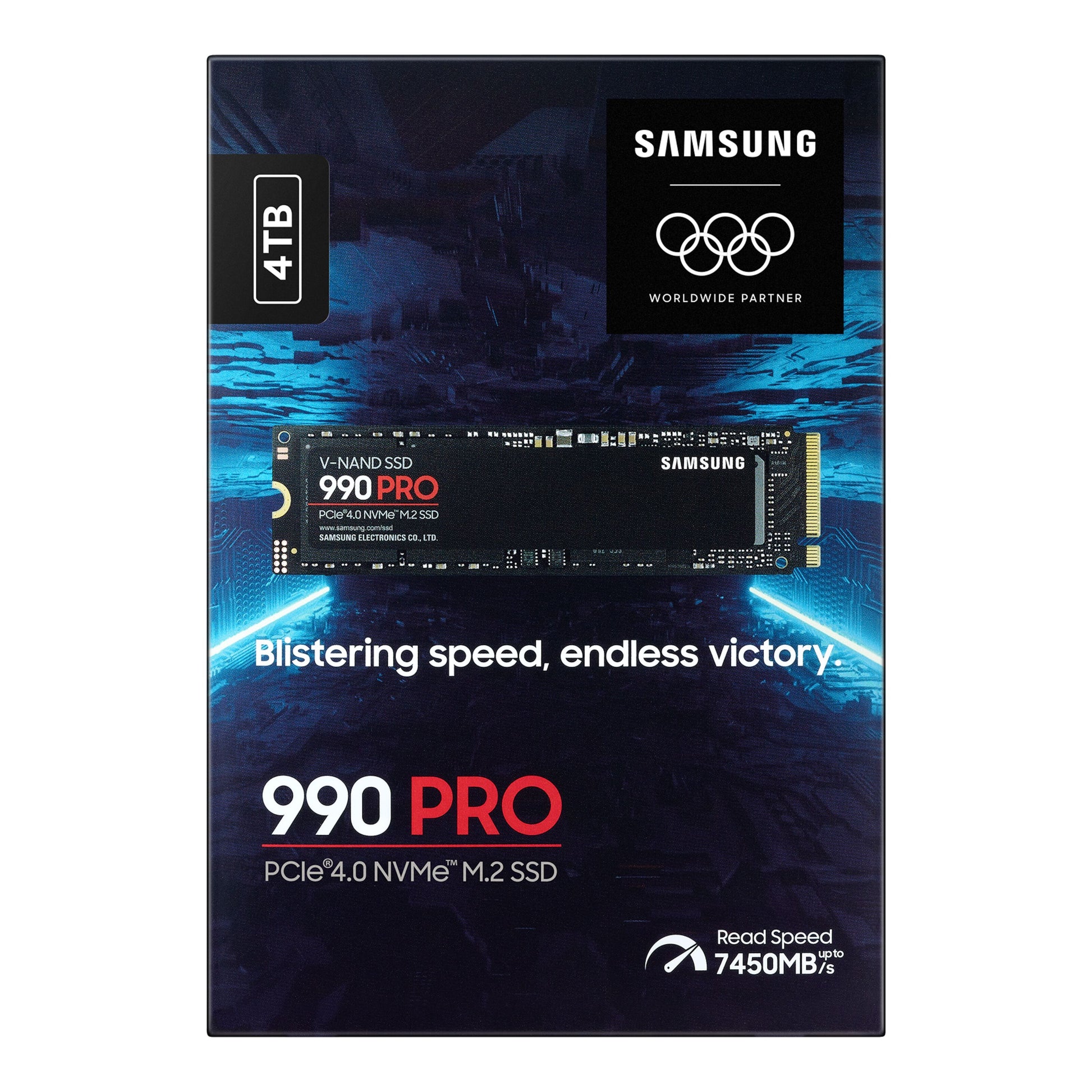 Samsung 990 PRO PCIe 4.0 NVMe M.2 SSD 4TB boks med olympisk logo, slogan og læsehastigheder op til 7.450 MB/s.