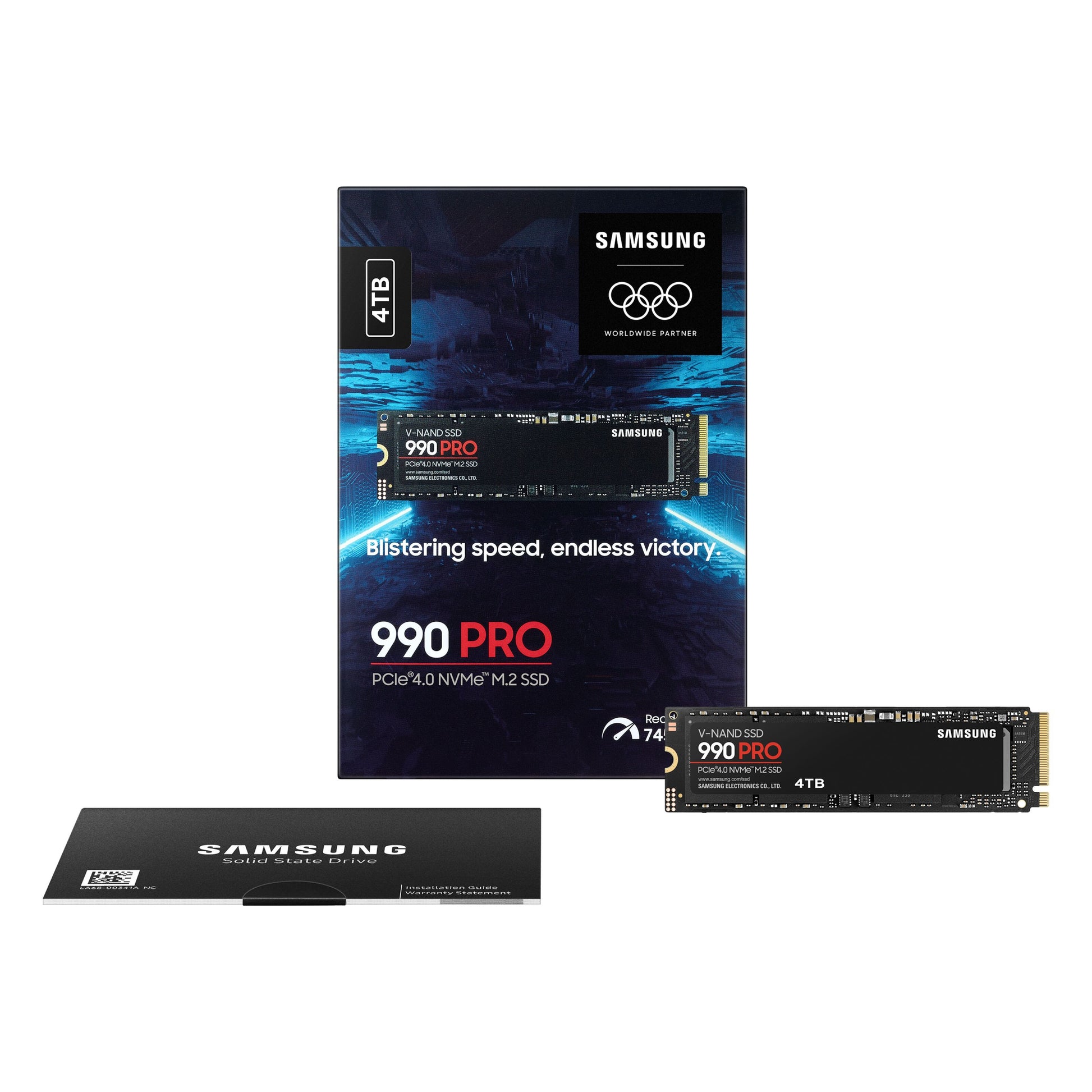 Samsung 990 PRO PCIe 4.0 NVMe M.2 SSD 4TB med emballage og garanti info.