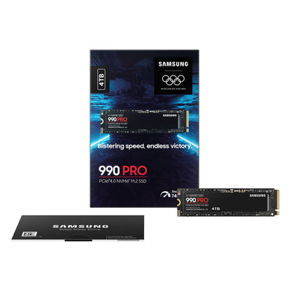 Samsung 990 PRO PCIe 4.0 NVMe M.2 SSD 4TB med emballage og garanti info.