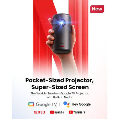 Nebula Kapsel 3 Bærbar Full HD mini projektor, sort, vises i hånd foran stort rødt Netflix N, understøtter Netflix apps.
