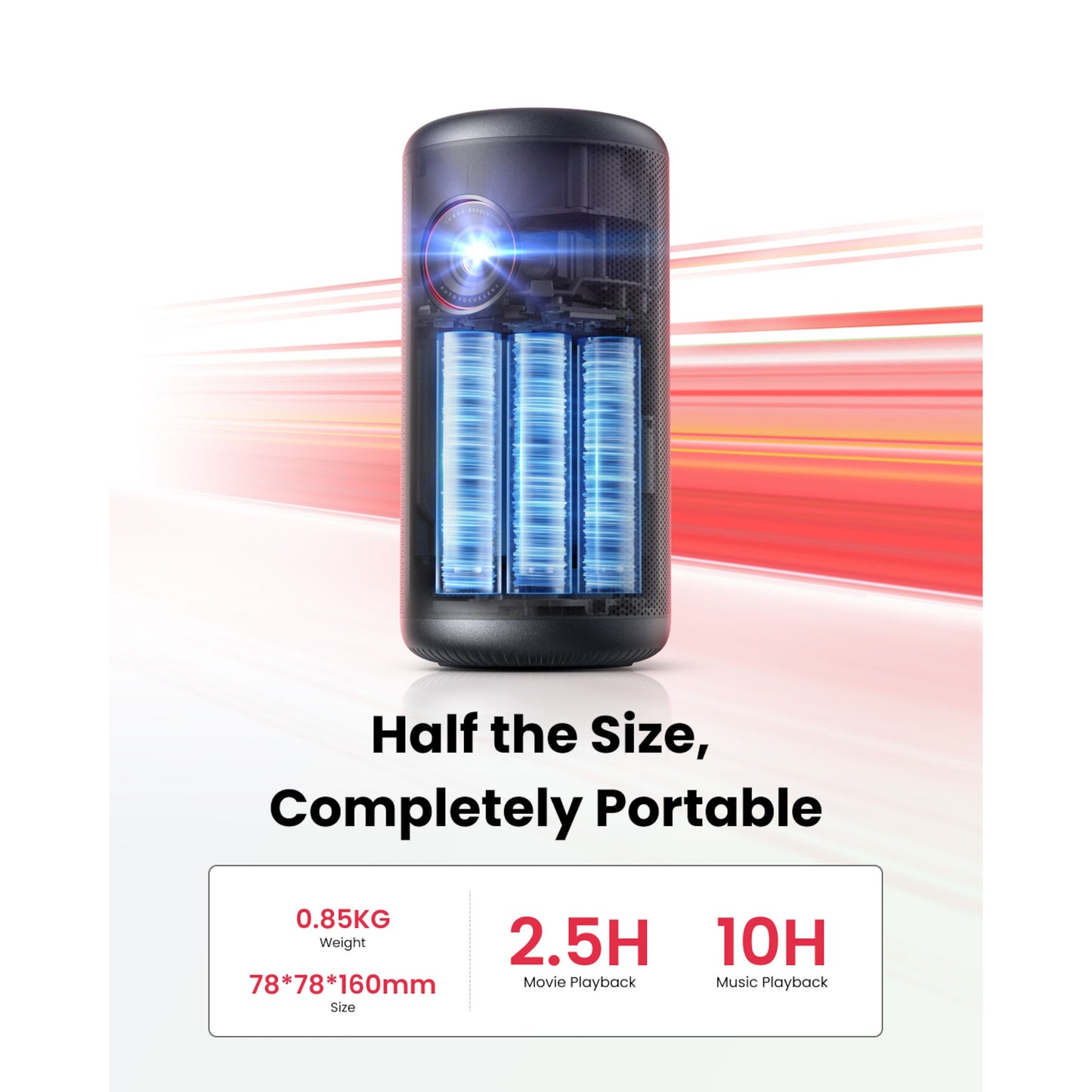 Nebula Kapsel 3 bærbar sort Full HD mini projektor, blå batteriikon, 0,85 kg, 78×78×160 mm, op til 2,5 t film/10 t musik.