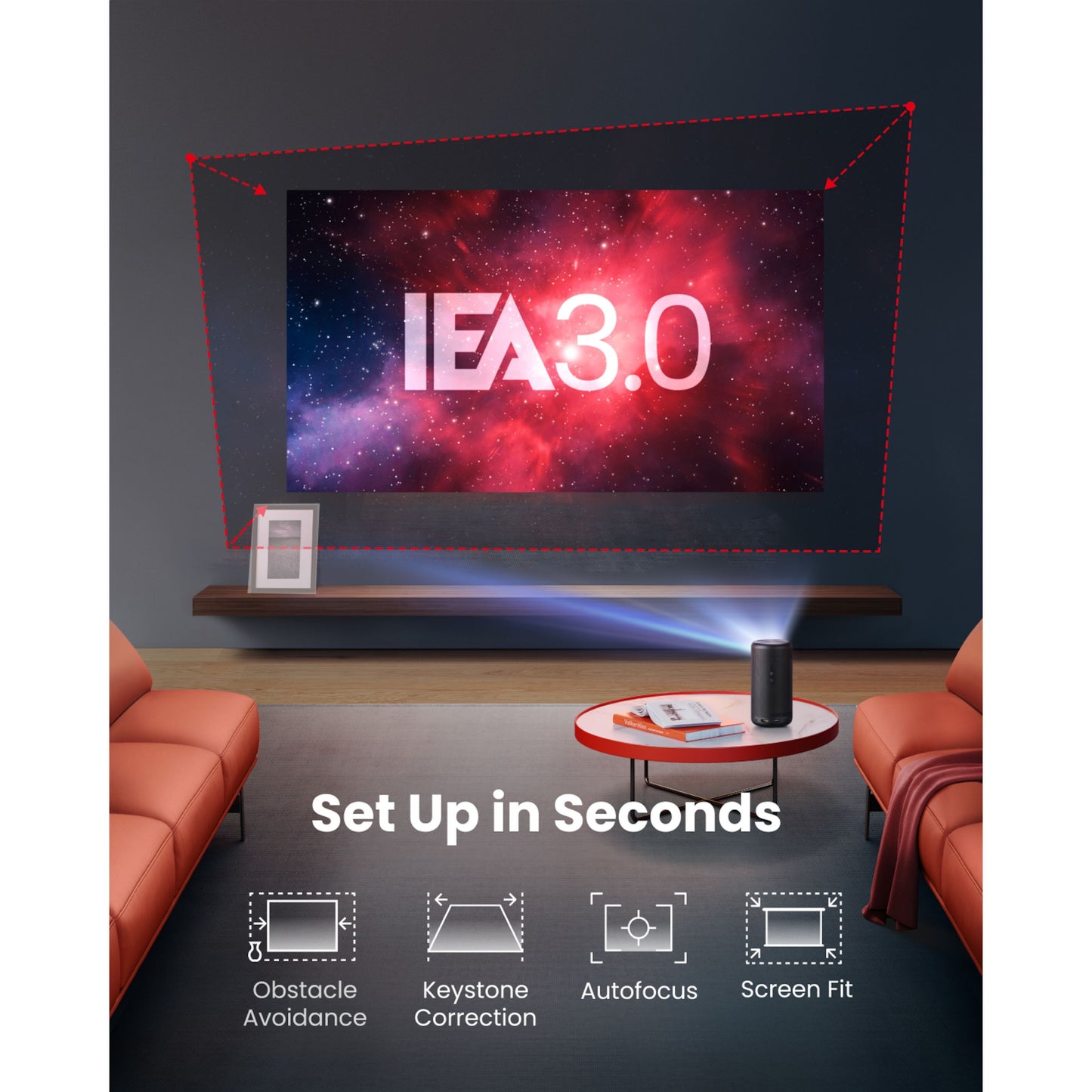 Nebula Kapsel 3 bærbar Full HD mini projektor viser "IEA 3.0" og ikoner til autofokus, keystone og obstacle avoidance.