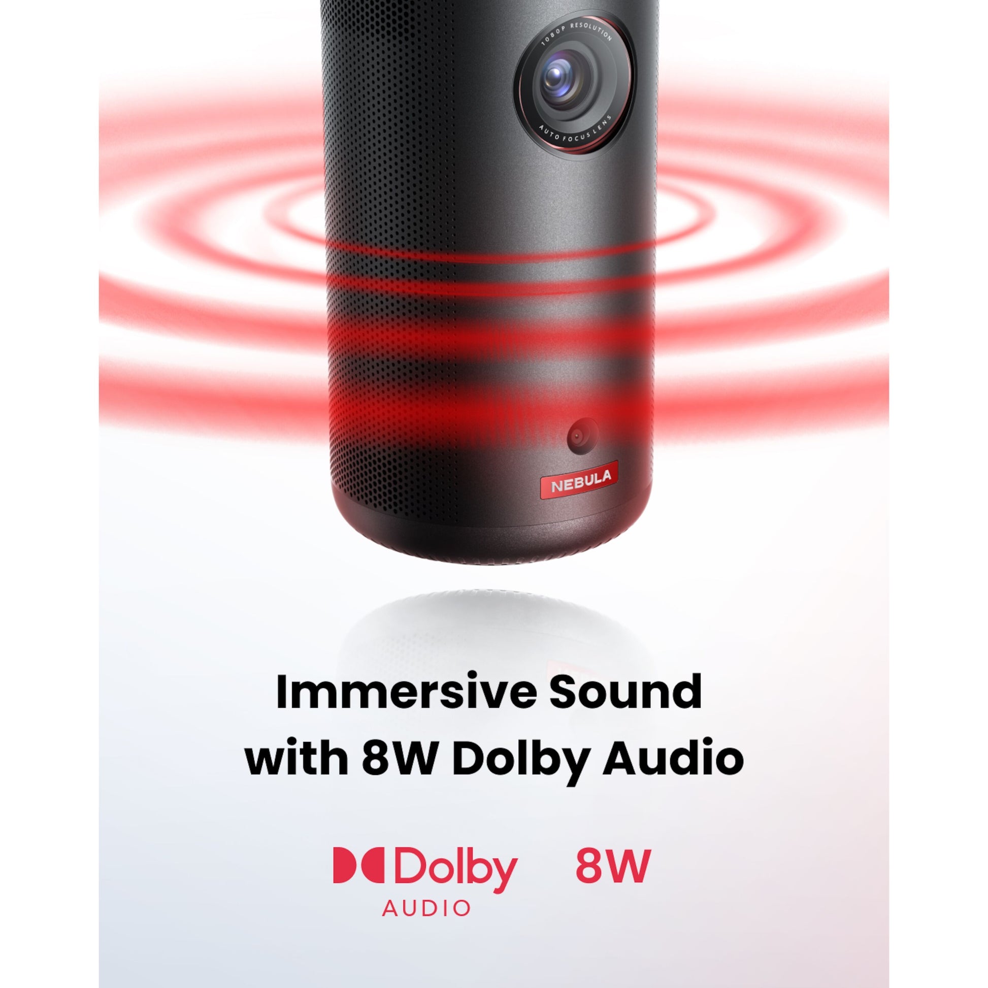 Nebula Kapsel 3 bærbar Full HD mini projektor sort med 8W Dolby Audio, røde lydbølger og Dolby Audio/8W logo.