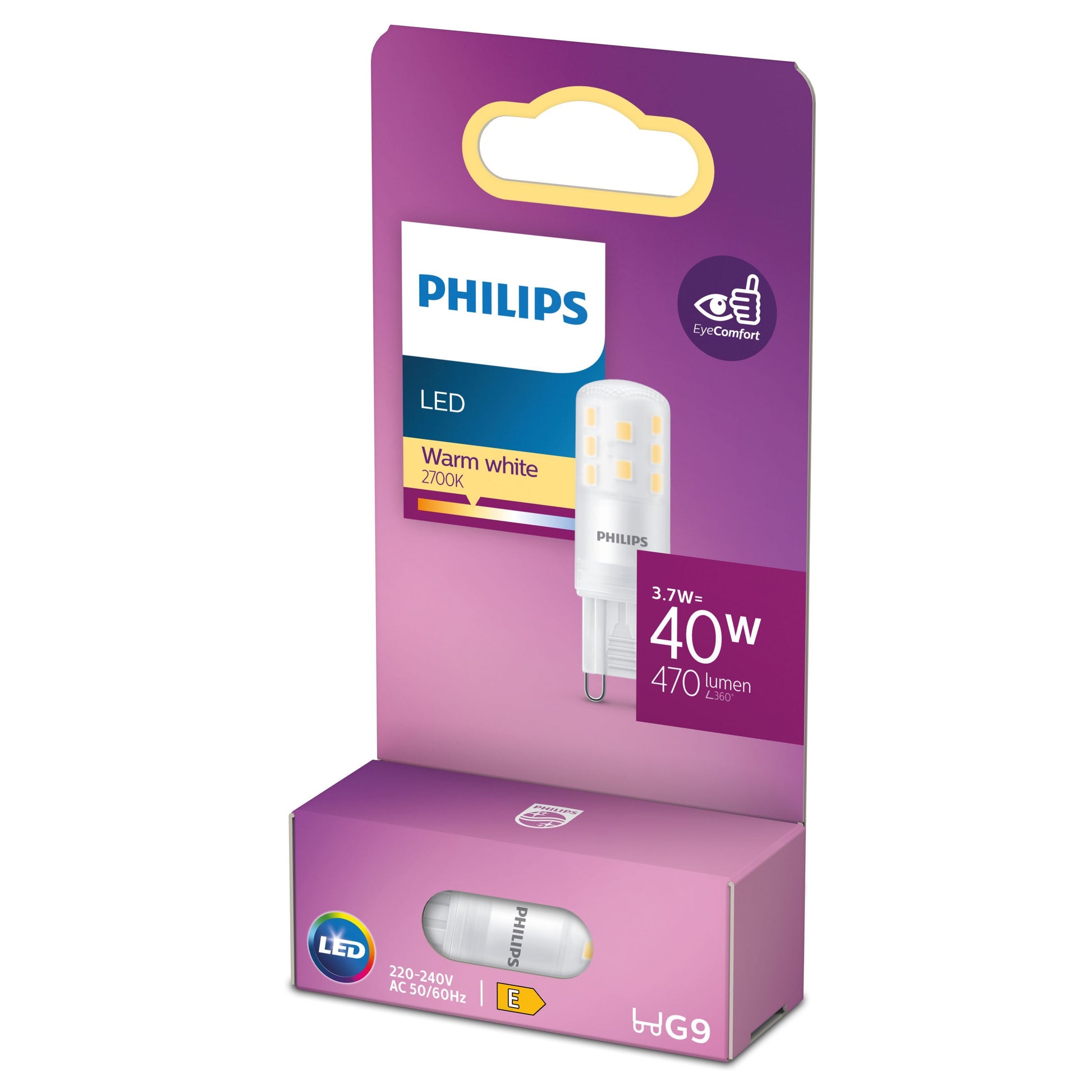 Philips LED-pære G9 3.7W varm hvid 2700K 470 lm svarer til 40W, synlig pære og Philips-logo på lilla/lyserød emballage.