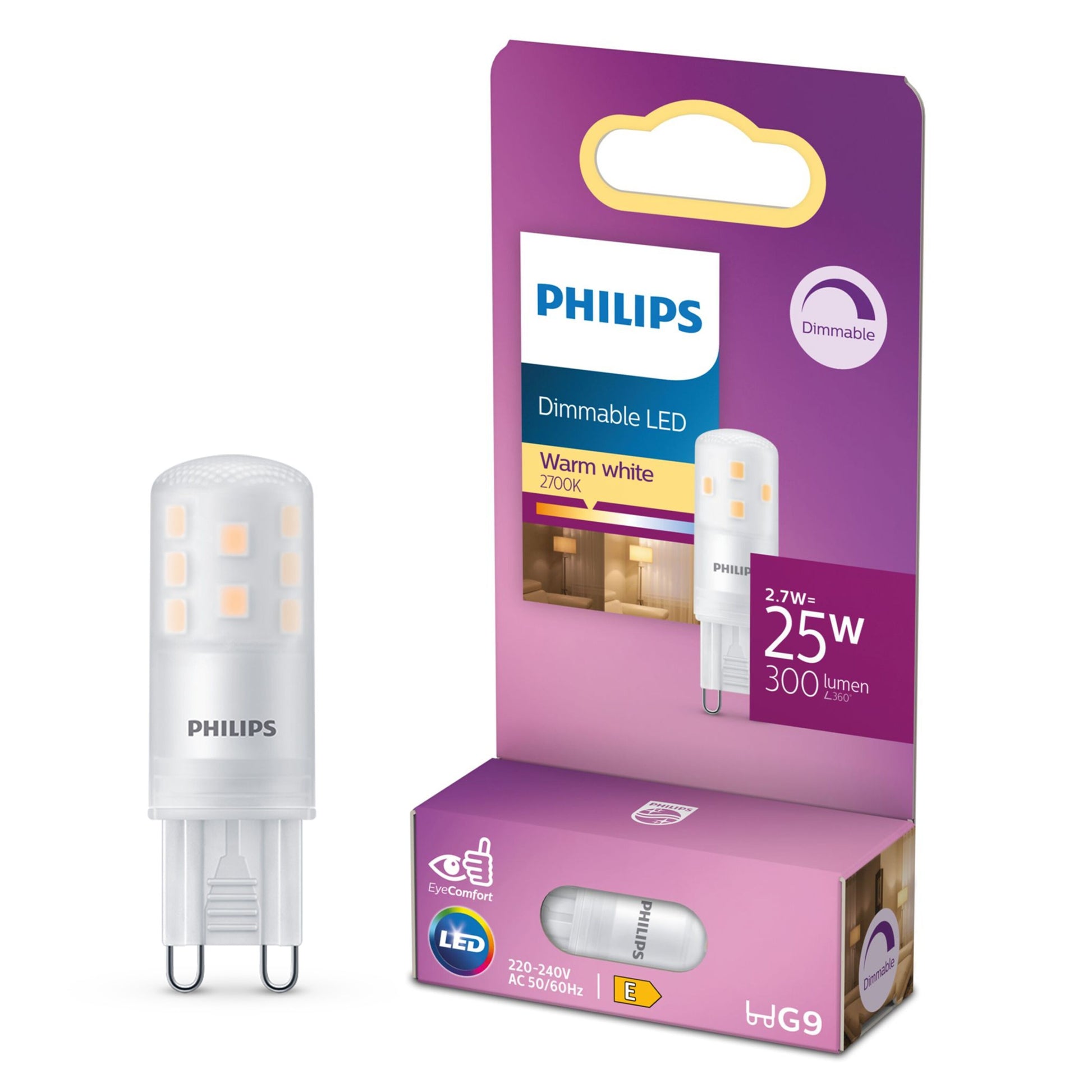 Philips LED-pære G9 300 lm, dæmpbar, 2,7W LED kapsel, 2700K varmt hvidt lys med lilla detailpakning.