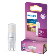 Philips LED-pære G9 300 lm, dæmpbar, 2,7W LED kapsel, 2700K varmt hvidt lys med lilla detailpakning.