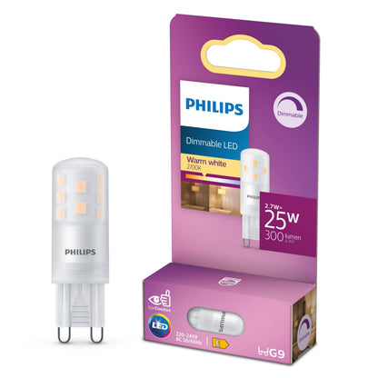 Philips LED-pære G9 300 lm, dæmpbar, 2,7W LED kapsel, 2700K varmt hvidt lys med lilla detailpakning.