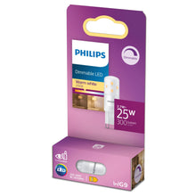 Philips LED-pære G9 300 lm, varm hvid 2700K, 2,7W=25W, dæmpbar, synlig pære i lilla æske med indendørs belysningsikoner.