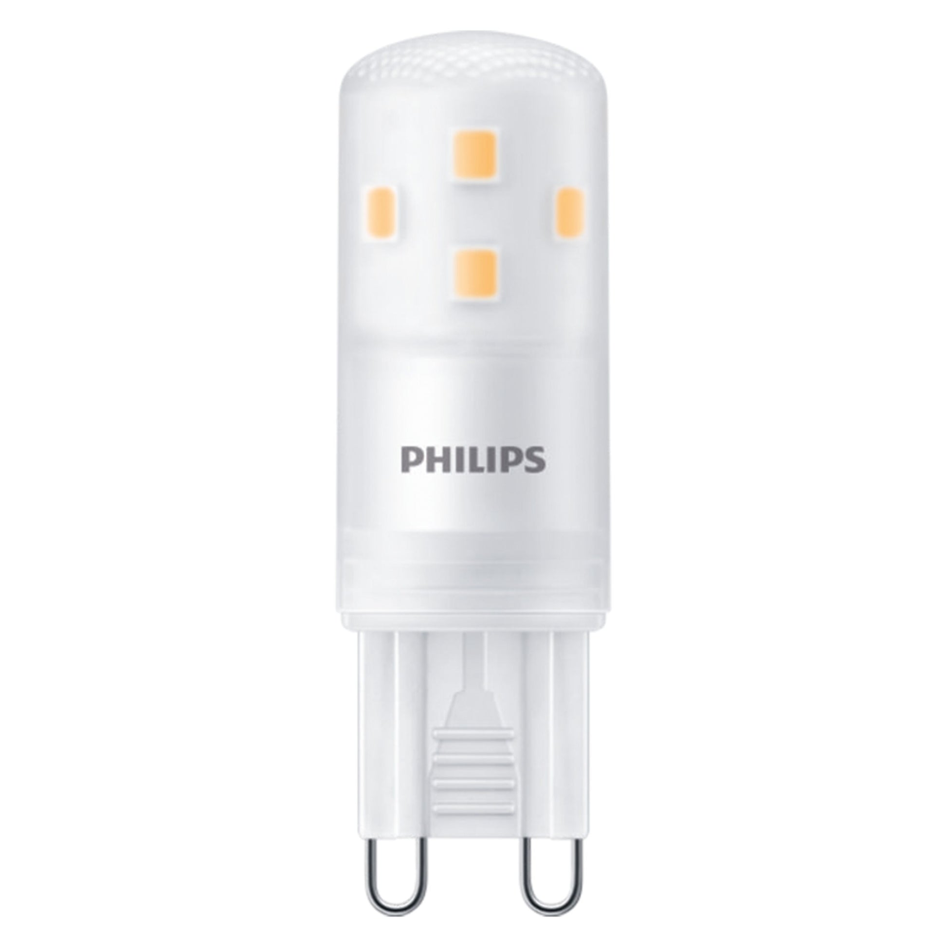 Philips LED-pære G9 300 lm dæmpbar, frostet hvidt cylindrisk cover, to metalben, synlige gule dioder.