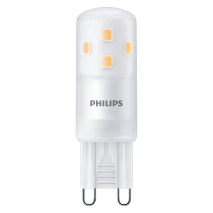 Philips LED-pære G9 300 lm dæmpbar, frostet hvidt cylindrisk cover, to metalben, synlige gule dioder.