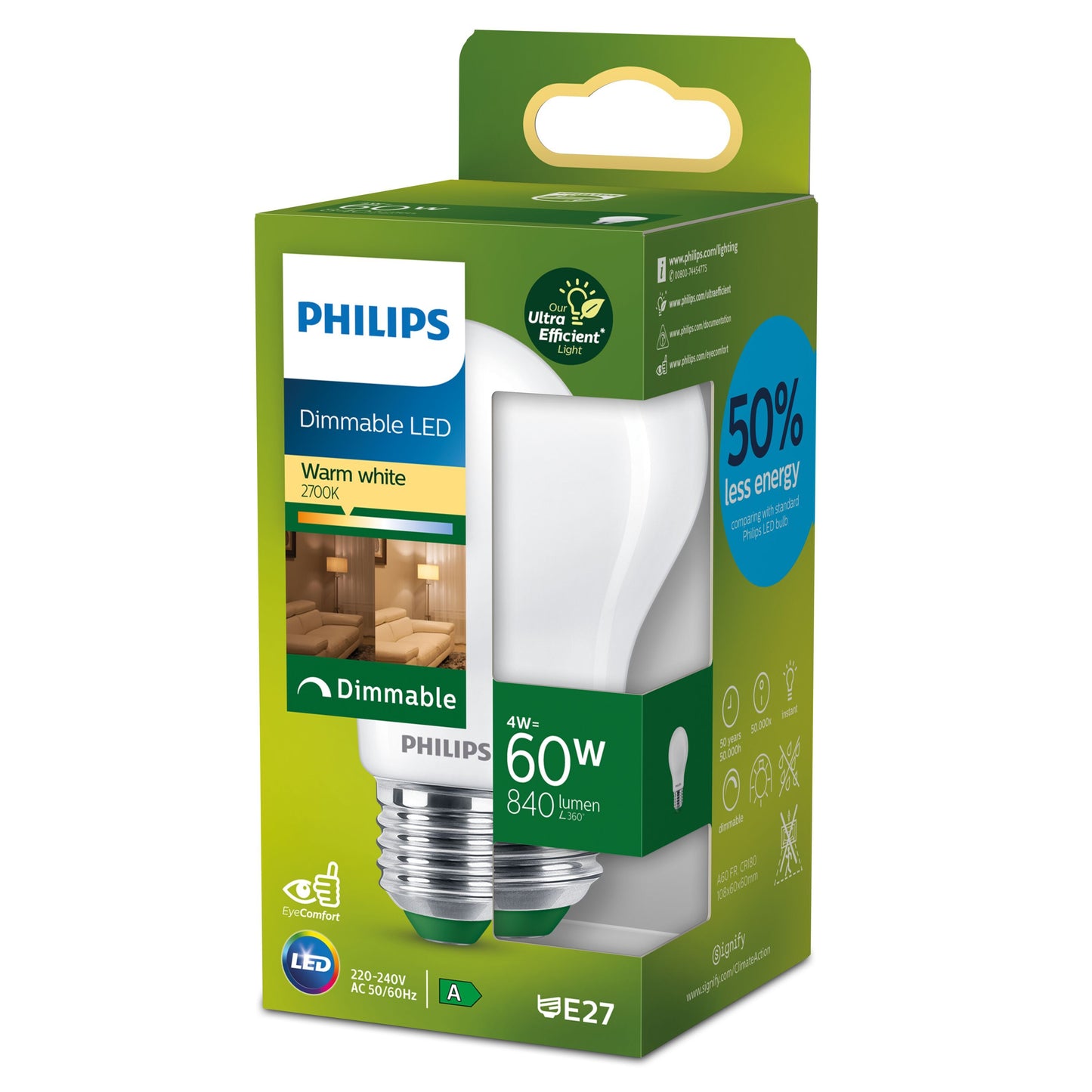 Philips Ultra effektiv E27 LED-pære 840 lm 60W varm hvid (2700K) lavt forbrug EyeComfort energiklasse A.