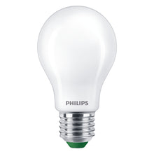 Philips Ultra effektiv E27 LED-pære 840 lm hvid, lavt strømforbrug, standard skruefatning, Philips-logo ved base.