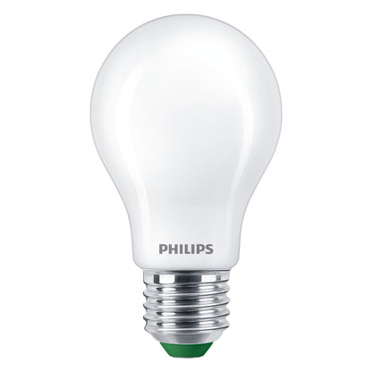 Philips Ultra effektiv E27 LED-pære 840 lm hvid, lavt strømforbrug, standard skruefatning, Philips-logo ved base.
