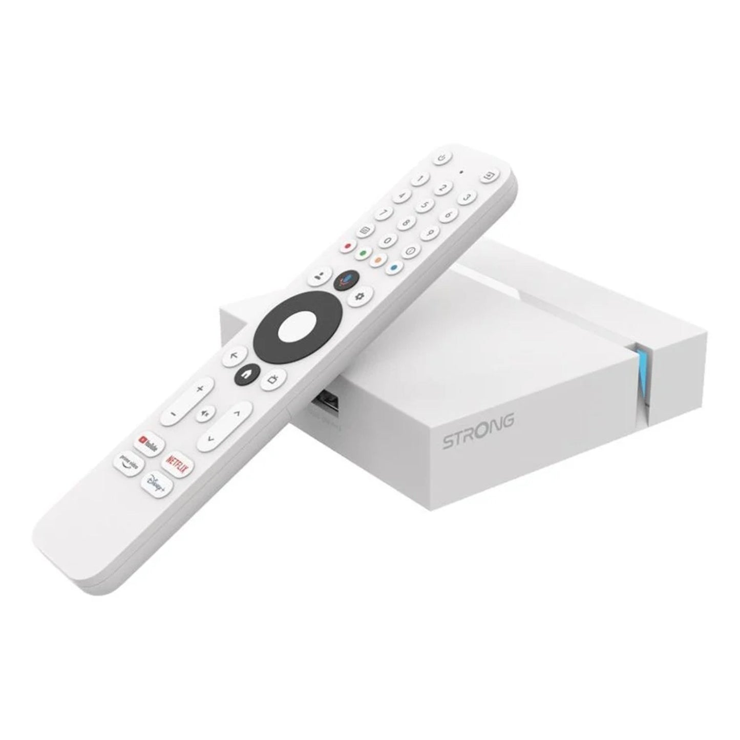 Hvid fjernbetjening ovenpå Strong LEAP-S3+V2 4K Google TV-boks streaming-enhed.
