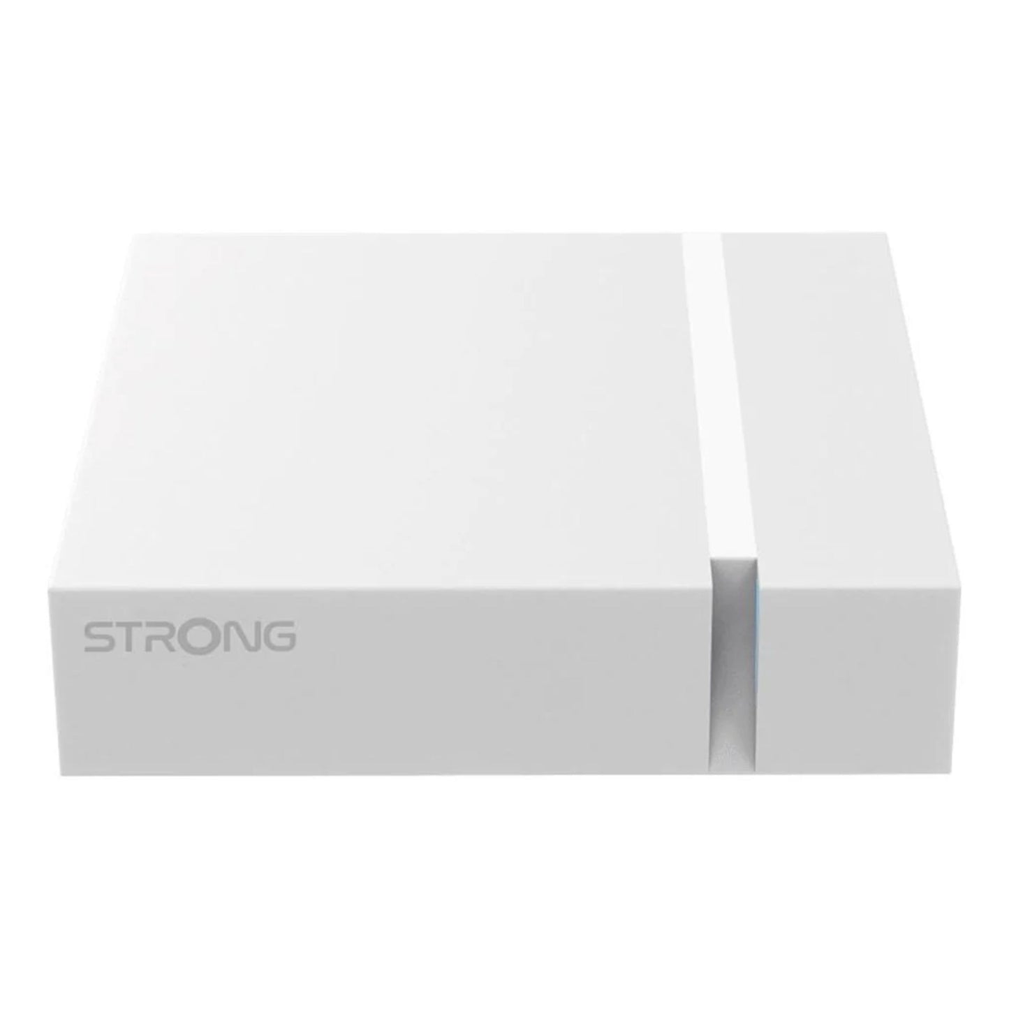 Strong LEAP-S3+V2 4K Google TV-bokse, hvid, rektangulær med logo på fronten og lodret rille.