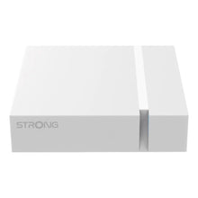 Strong LEAP-S3+V2 4K Google TV-bokse, hvid, rektangulær med logo på fronten og lodret rille.