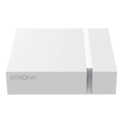 Strong LEAP-S3+V2 4K Google TV-bokse, hvid, rektangulær med logo på fronten og lodret rille.
