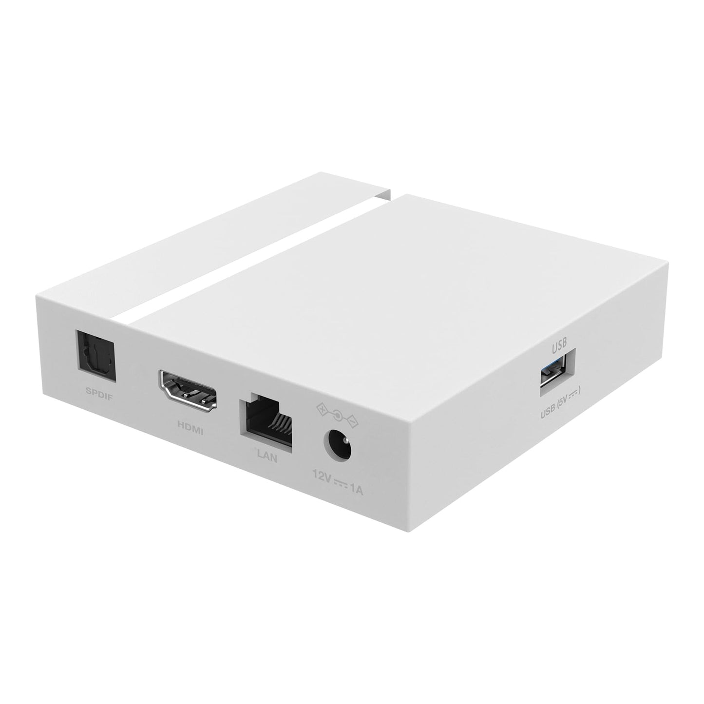 Strong LEAP-S3+V2 4K Google TV-boks med SPDIF, HDMI, LAN, USB og 12V port.