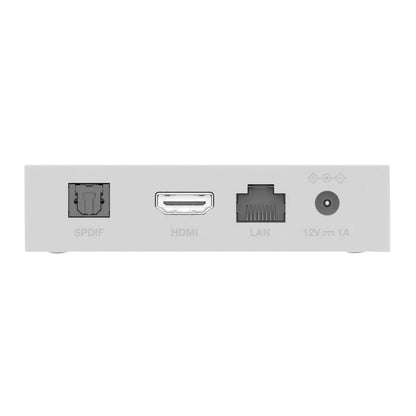 Strong LEAP-S3+V2 4K Google TV-boks bagfra med porte: SPDIF, HDMI, LAN (Ethernet), 12V DC strømindgang.