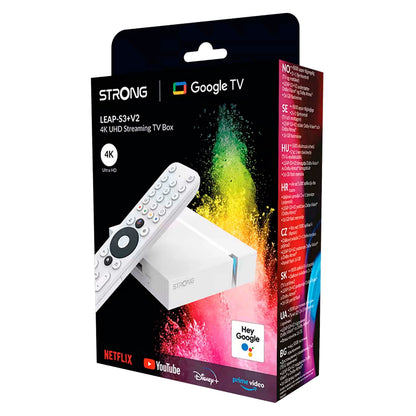 Strong LEAP-S3+V2 4K Google TV-bokse med fjernbetjening, Netflix, YouTube, Disney+, Prime Video logoer på æsken.