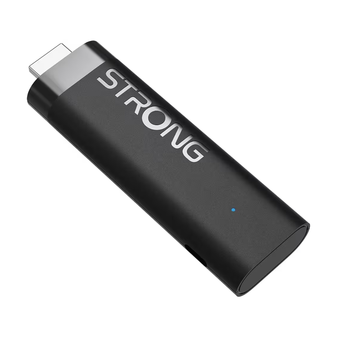 Strong LEAP-NOVA 4K Google TV Stick 32GB sort, blå indikatorlys, vises fra vinkel.