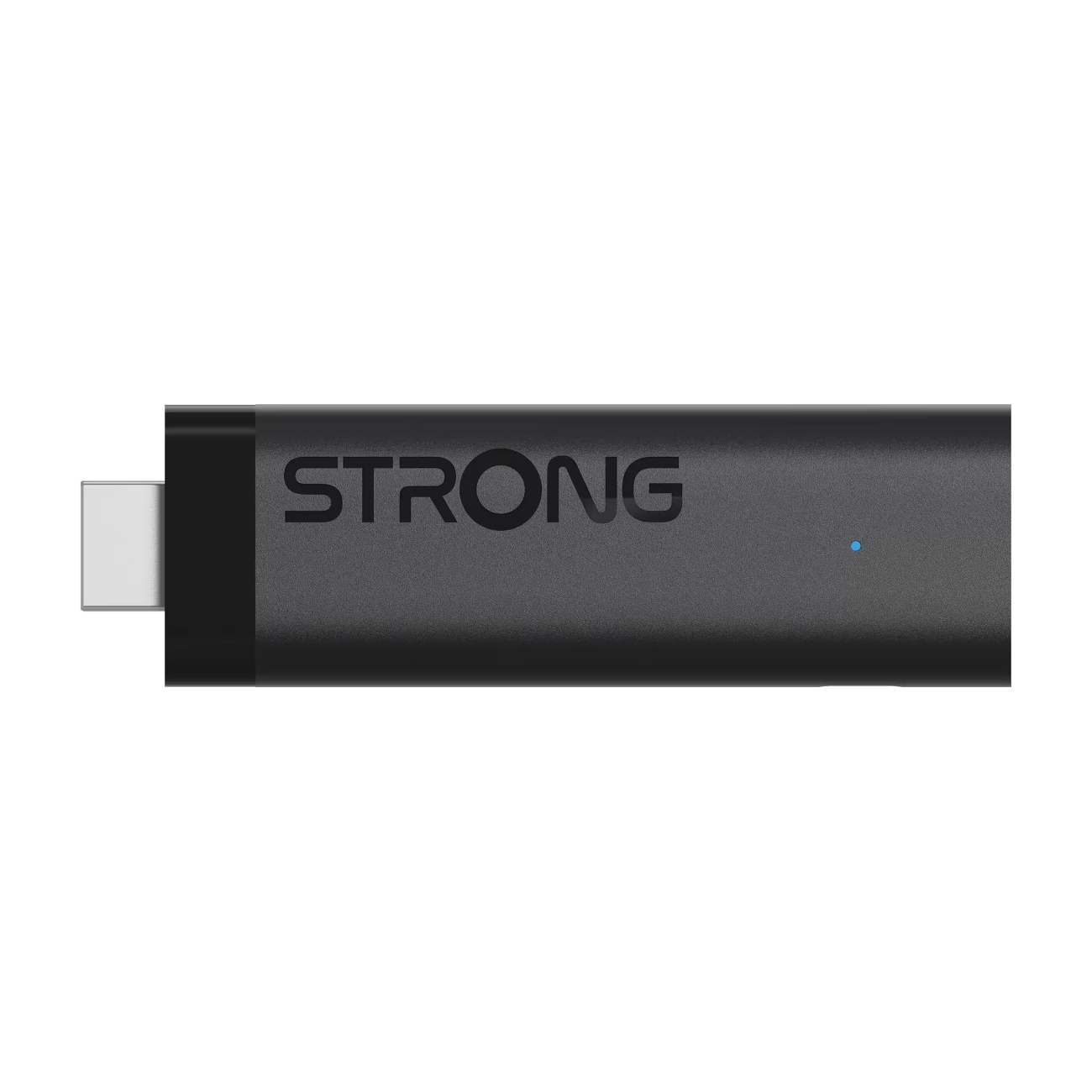 Strong LEAP-NOVA 4K Google TV Stick sort, 32 GB, blåt indikatorlys, USB-C stik i venstre side.
