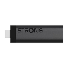 Strong LEAP-NOVA 4K Google TV Stick sort, 32 GB, blåt indikatorlys, USB-C stik i venstre side.