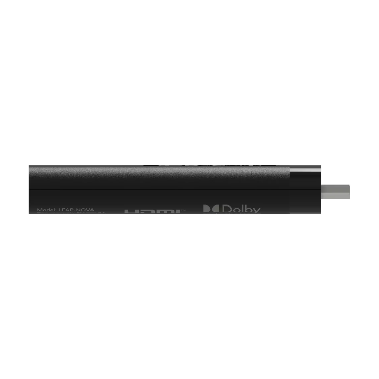 Strong LEAP-NOVA 4K Google TV Stick, 32 GB, sort cylindrisk design, HDMI og Dolby logo synlige, sidevinkel.