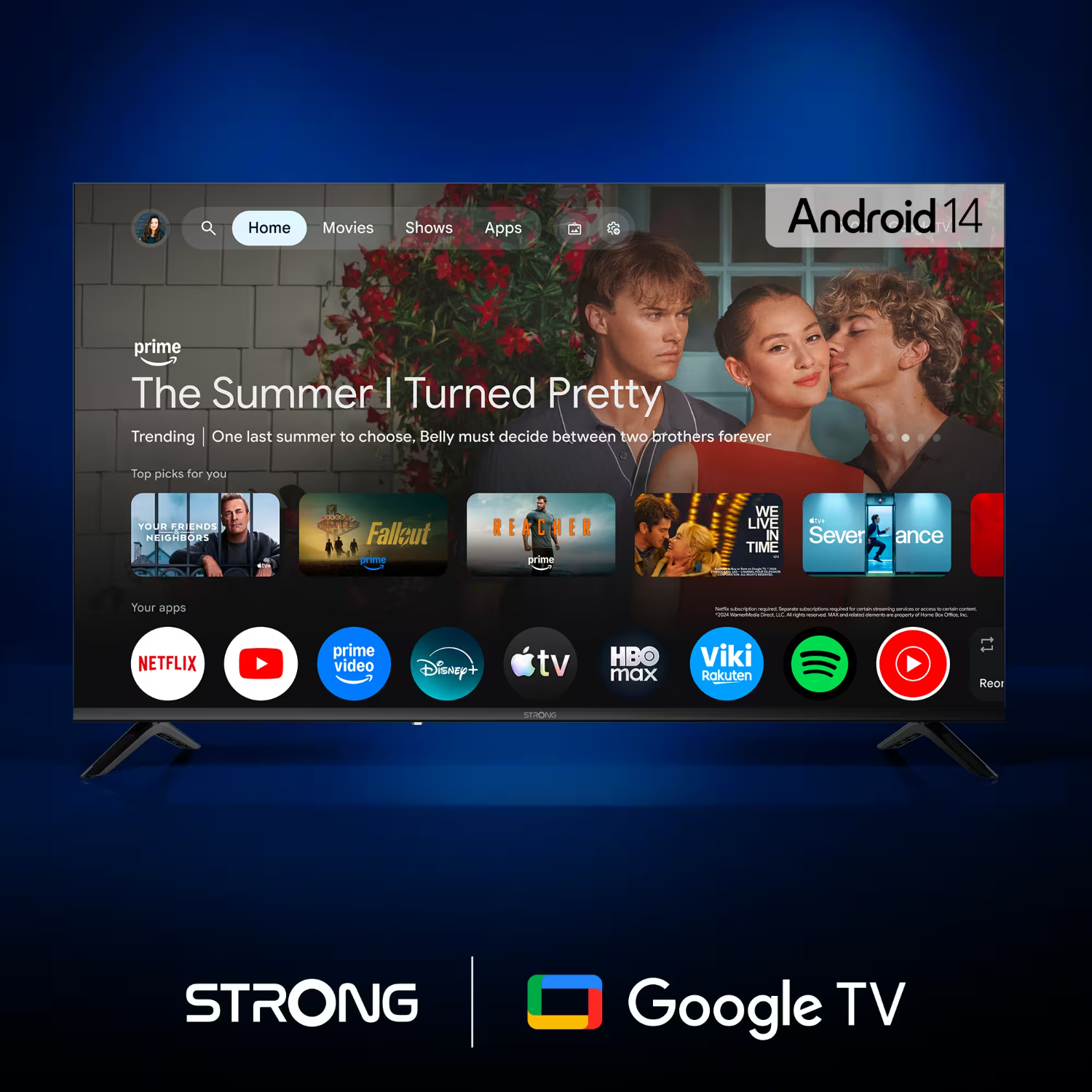 Strong LEAP-NOVA 4K Google TV Stick 32GB, Android 14 interface, streaming-apps vises, Strong og Google TV logo.