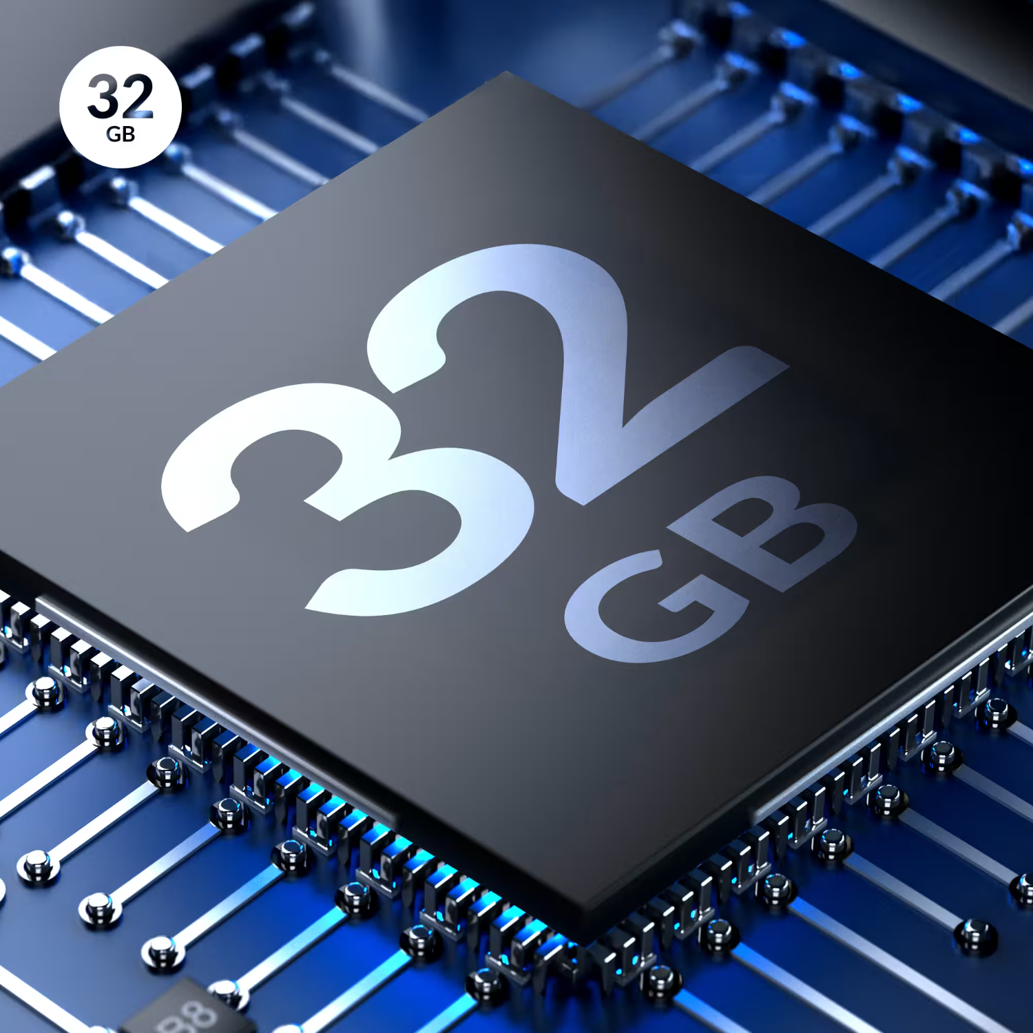 Nærbillede af chip med 32 GB mærkning på blå printplade til LEAP-NOVA 4K Google TV Stick.