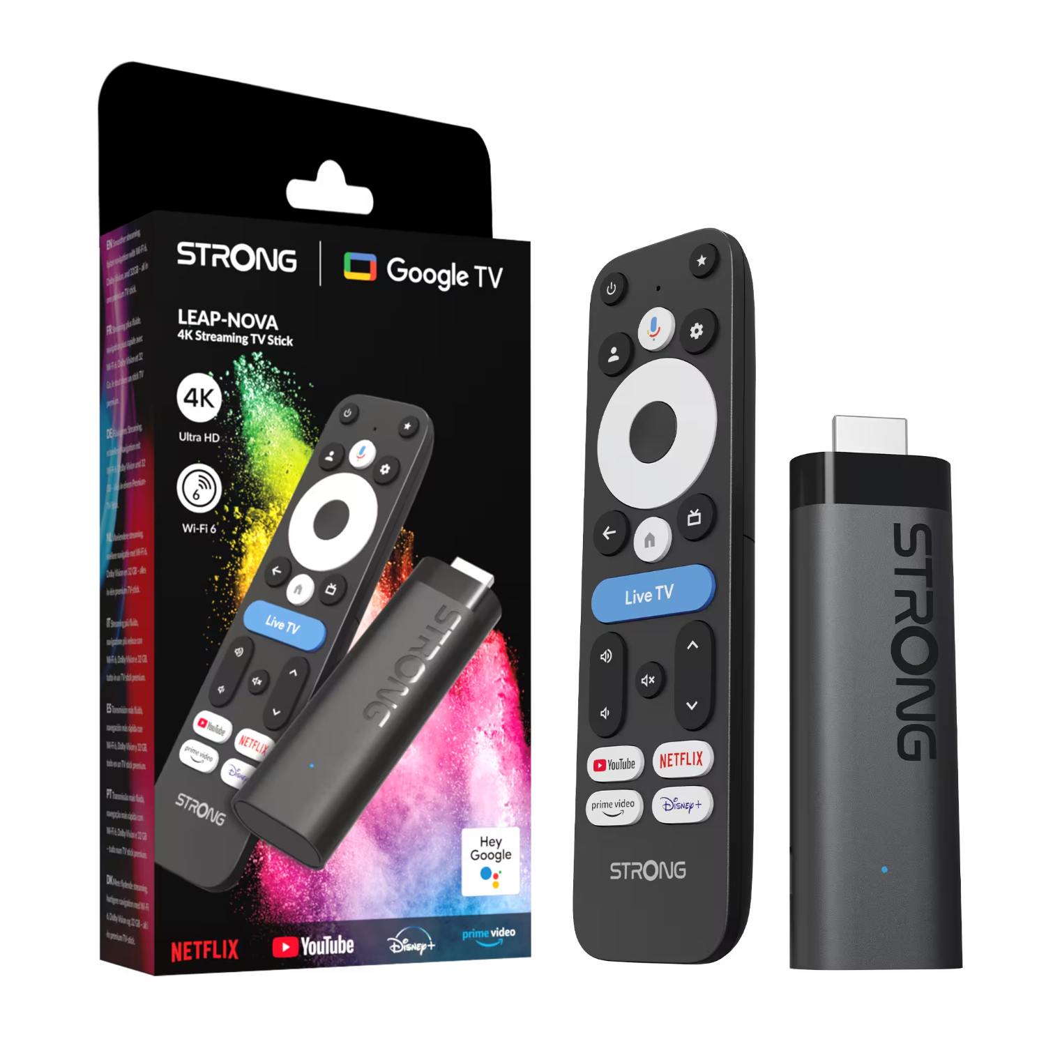 Strong LEAP-NOVA 4K Google TV Stick 32 GB med fjernbetjening, emballage, Wi-Fi 6 og appgenveje til streamingtjenester.