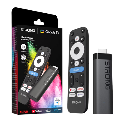 Strong LEAP-NOVA 4K Google TV Stick 32 GB med fjernbetjening, emballage, Wi-Fi 6 og appgenveje til streamingtjenester.