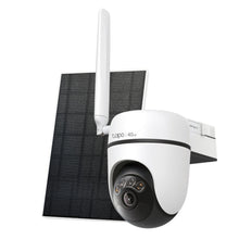 TP-Link Tapo C615G solcelledrevet 4G LTE pan/tilt kamera med sort linse, 4 IR-lys, stor antenne og rektangulært solpanel.