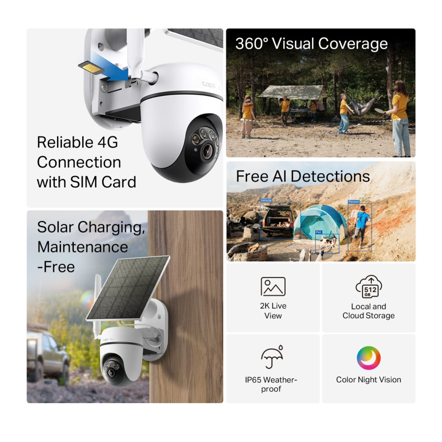 TP-Link Tapo C615G solcelledrevet 4G LTE pan/tilt overvågningskamera, SIM-kort, 360° dækning, farvenatvision, vejrbestandig.