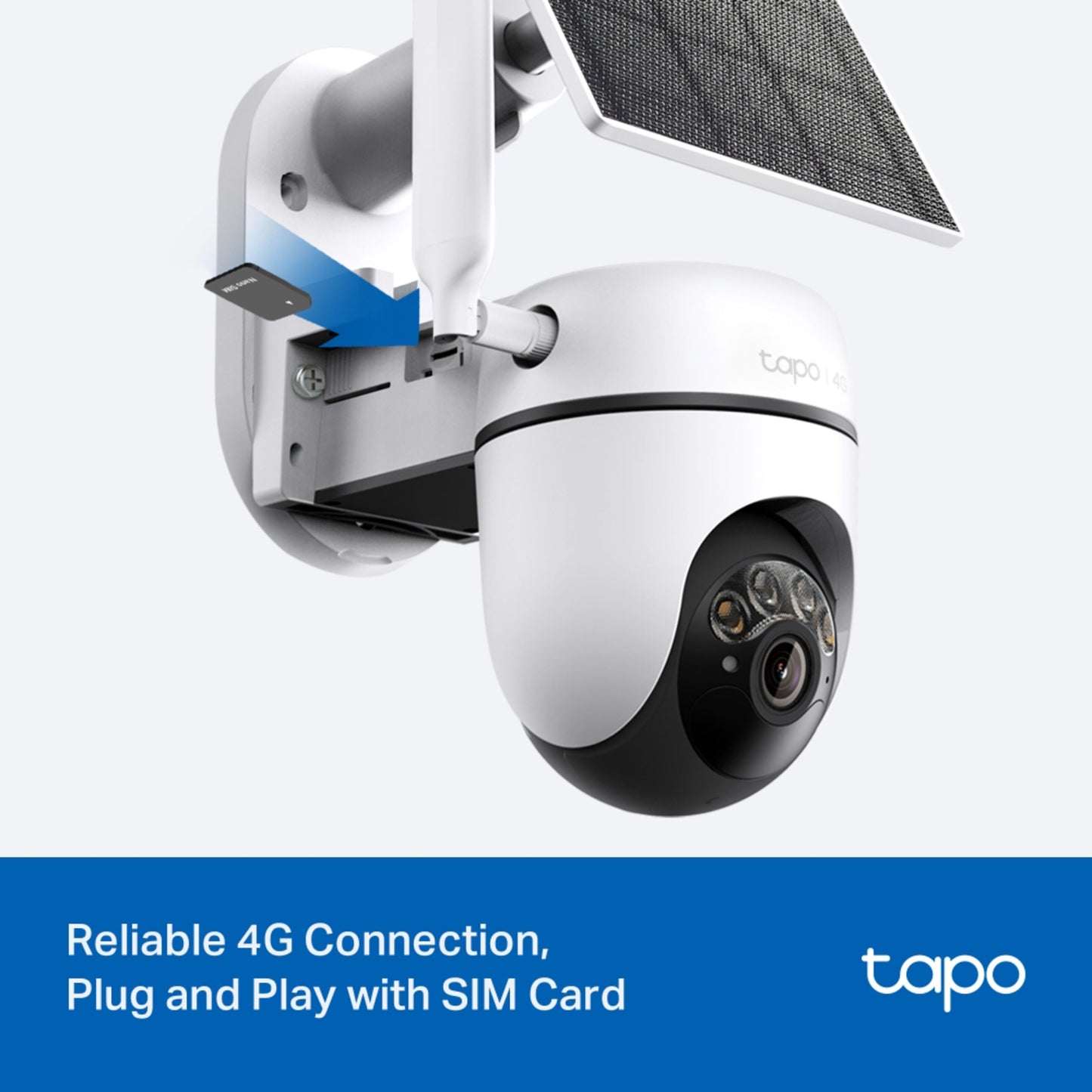 Tapo C615G solcelledrevet 4G LTE pan/tilt overvågningskamera, SIM-kort indsættes, Tapo-logo og 4G-forbindelse tekst.
