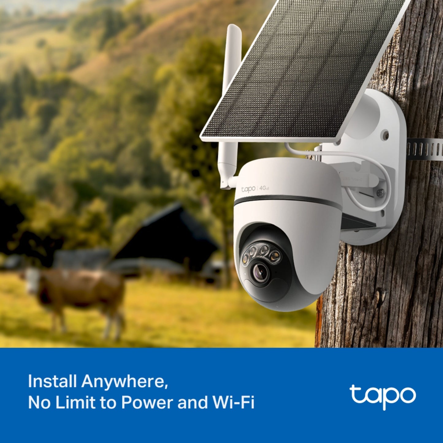 TP-Link Tapo C615G solcelledrevet 4G LTE pan/tilt kamera på træ, Tapo-logo samt tekst: Installer hvor som helst, ingen grænser for strøm og Wi-Fi.