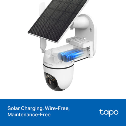 TP-Link Tapo C615G solcelledrevet 4G LTE pan/tilt overvågningskamera m. solpanel, to batterier, Tapo-logo, tekst på billedet.