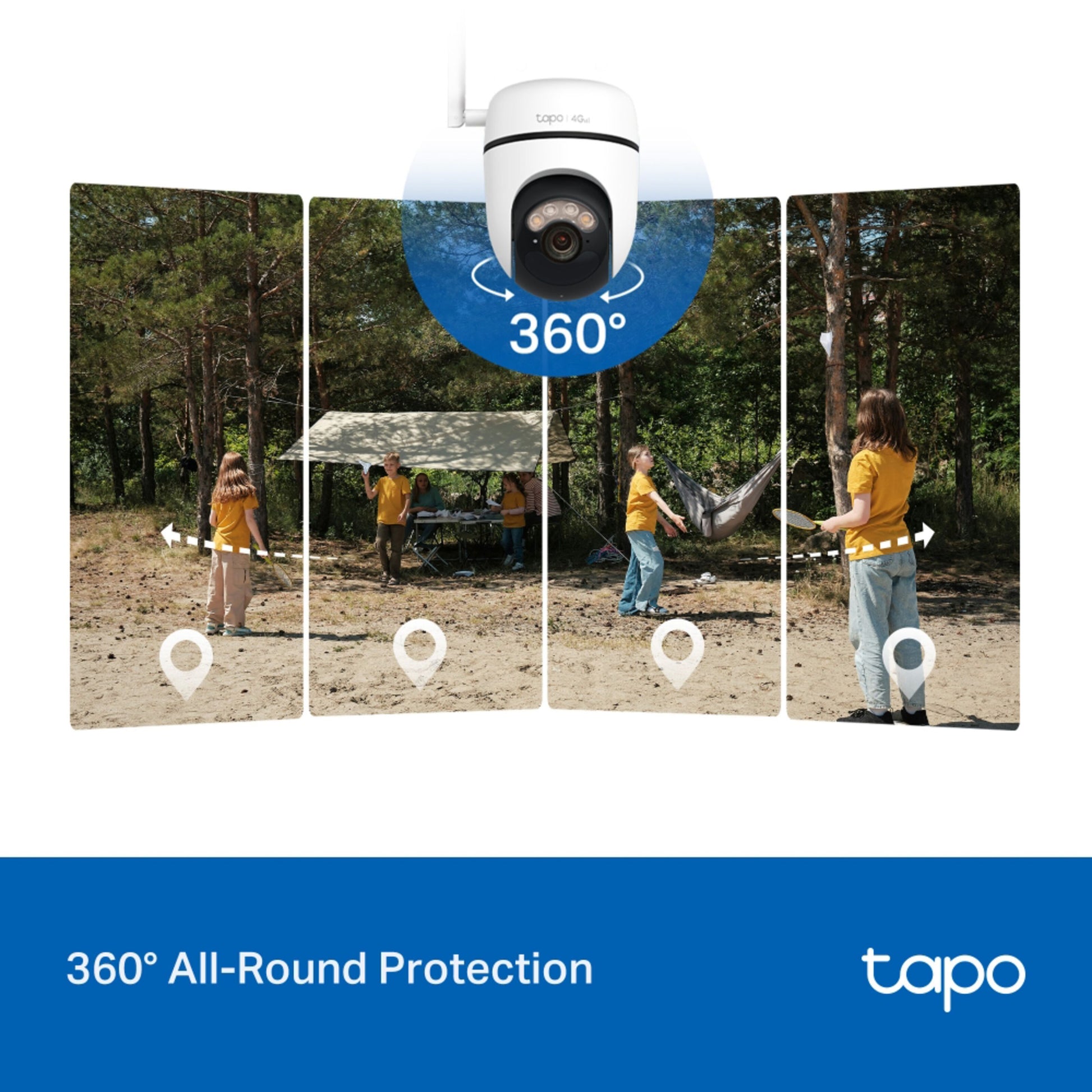 Tapo C615G solcelledrevet 4G LTE pan/tilt kamera med 360° visning, tekst: 360° beskyttelse hele vejen rundt tapo.