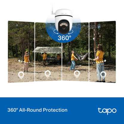 Tapo C615G solcelledrevet 4G LTE pan/tilt kamera med 360° visning, tekst: 360° beskyttelse hele vejen rundt tapo.