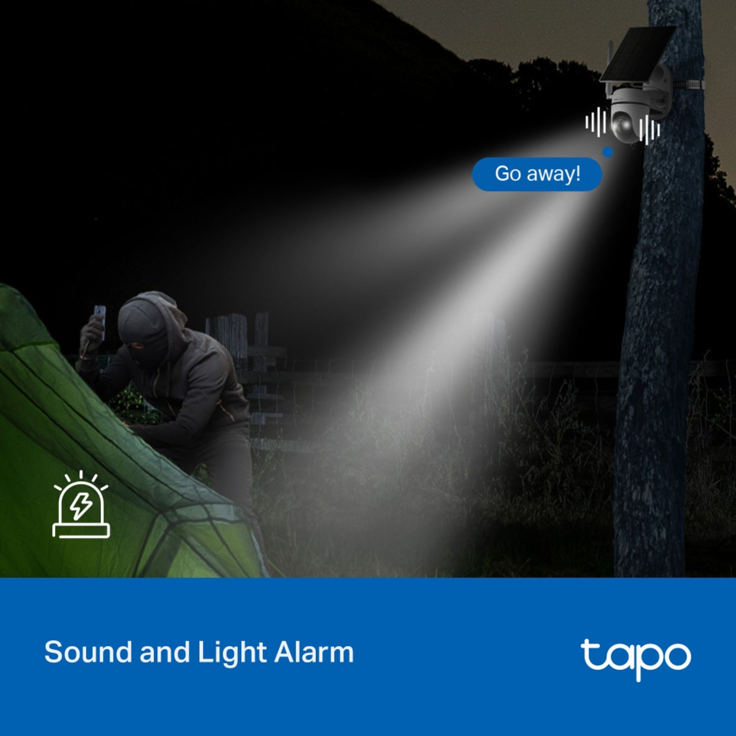 TP-Link Tapo C615G solcelledrevet 4G LTE pan/tilt kamera med farvenatvision, kraftigt lys og sirene-alarm, alarmikoner vises.