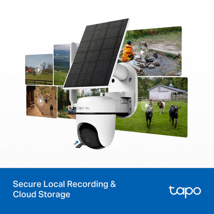 TP-Link Tapo C615G solcelledrevet 4G LTE pan/tilt overvågningskamera med "Secure Local Recording  Cloud Storage" og Tapo-logo.
