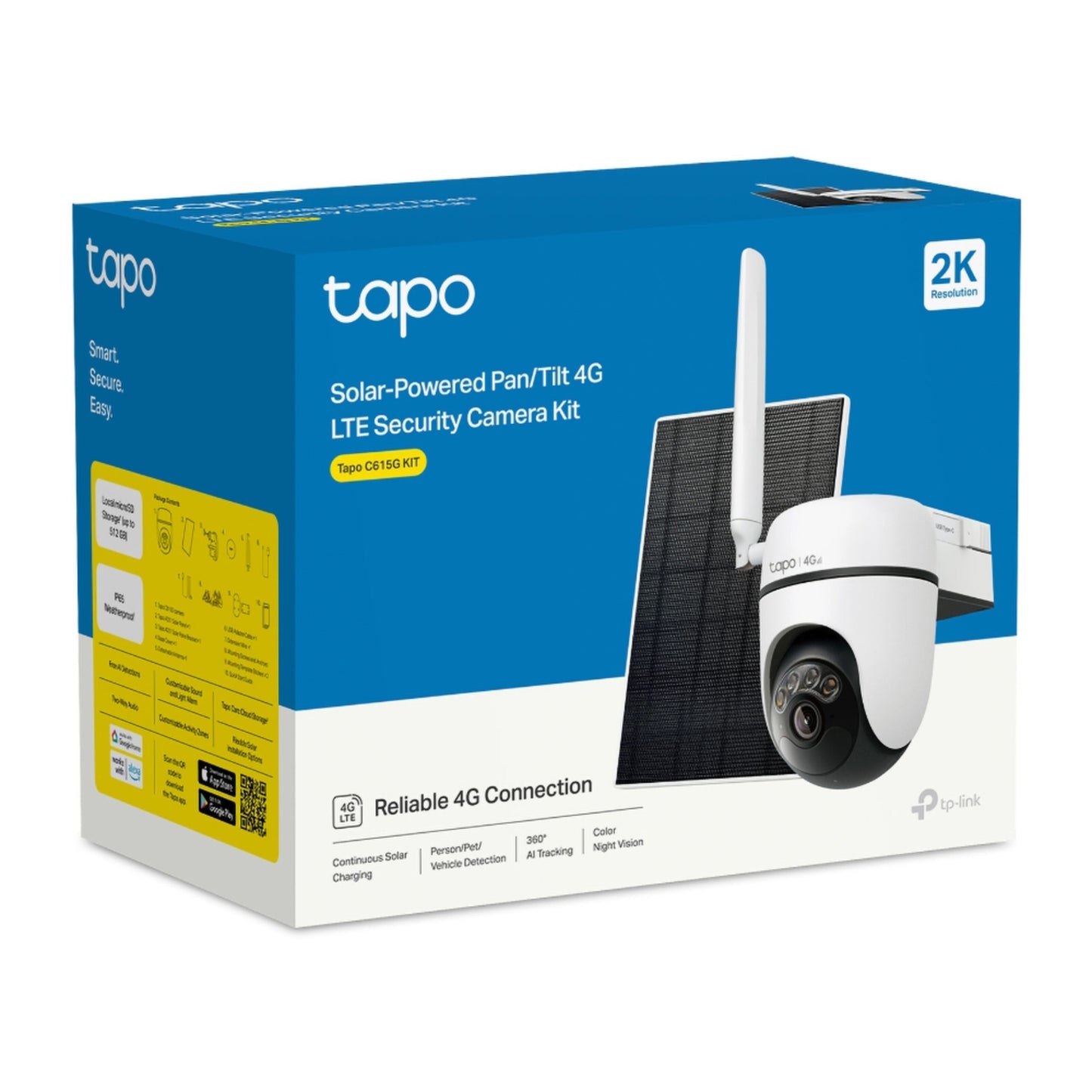 TP-Link Tapo C615G solcelledrevet 4G LTE pan/tilt overvågningskamera æske, 2K opløsning, farvenatvision, solpanel.