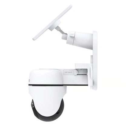 TP-LINK Tapo C610 solcelledrevet pan/tilt-overvågningskamera med hvid kuppel og sort kuppel, vægbeslag, rektangulær antenne og USB-C-port.