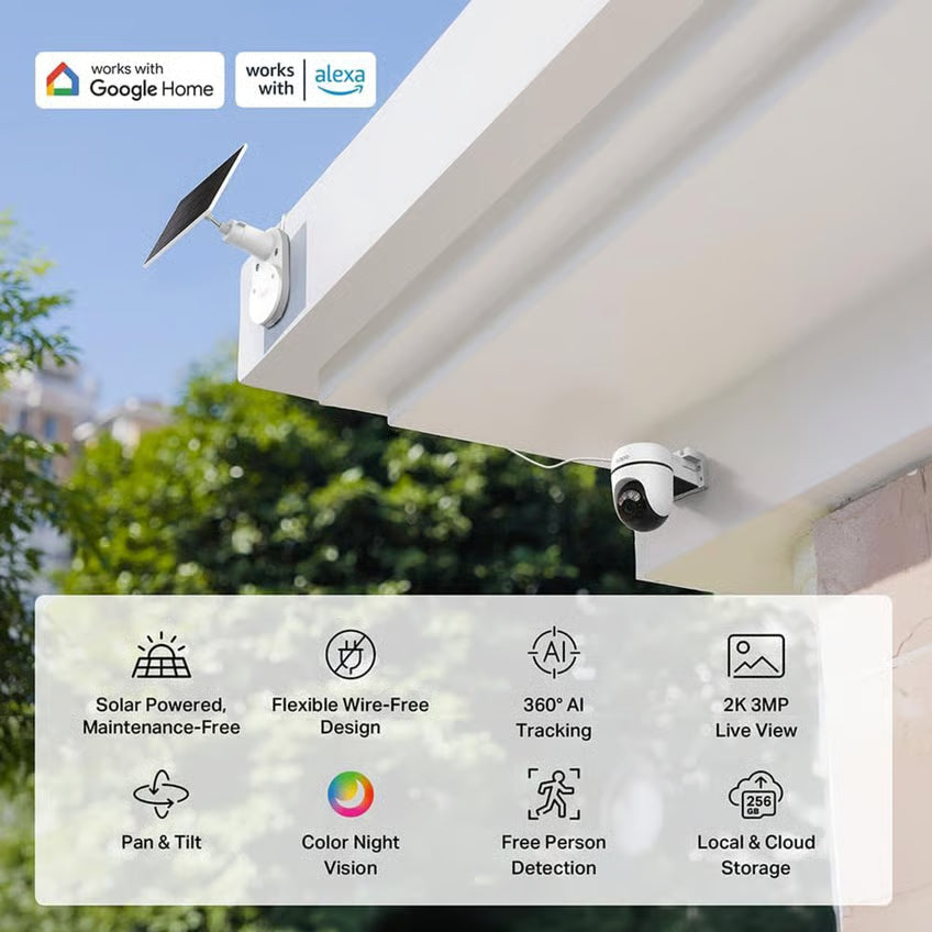 TP-Link Tapo C610 solcelledrevet pan/tilt-overvågningskamera monteret udendørs, ikoner for 2K, AI, nattesyn.
